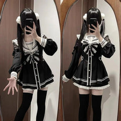 Hnewly DRESS TO IMPRESS Japanese Black Gothic Y2k Lolita Bow Dress Shorts Set Women Vintage Sweet Long Sleeve Shirt Party Dresses Slim Mini Dress 2000s