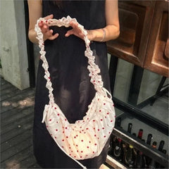 Hnewly Sweet Cute Polka Dot Tote Bag Women Crinkle Lace Large Capacity Canvas Shoulder Bag Ladies Casual Versatile Daily Crossbody Bags
