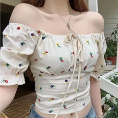Hnewly Square Collar Pullover Puff Sleeve Floral Shirt for Women New Waist-hugging Slimming Lace-up Top