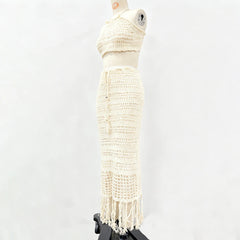 Hnewly Boho Maternity Photography Crochet Set Beige Halter Top Maxi Skirt Beach Pregnancy Photoshoot Outfit Maternity Photo Dress