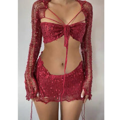Hnewly Crochet Knitted Dress Two Piece Skirt Sets Summer Women Clothes Sexy Crop Tops Elegant Knit Sequin Dress 2 Piece Set Outfit