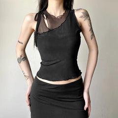 Hnewly Summer Tanks Tops Women O-neck Slim New Stylish Sexy Sleeveless Solid Color Spliced Navel-Exposed Tee Woman Clothing