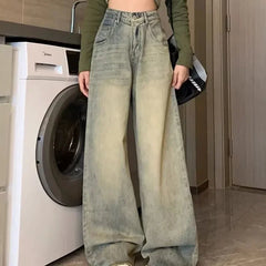 Hnewly Y2K Rough Selvedge Wide Leg Jeans Women Korean High Waisted Baggy Denim Pants Woman Streetwear Vintage Jean Trousers