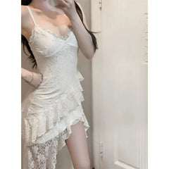 Hnewly 2000s Vintage Y2k Mini Dress Women Casual Sexy Irregular Design Lace Strap Party Dress Bodycon Summer Retro Y2k Fairy Sleeveless