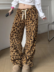 Hnewly Leopard Velvet Women Loose Long Pants Bow Y2k Retro Fashion Chic Warm Autumn New Trousers Design Street Style