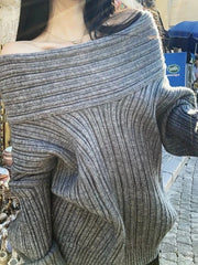 Hnewly Sexy Vintage Grey Sweaters Women Off Shoulder Korean Style Jumper Elegant Slash Neck Harajuku Long Sleeve Pullovers