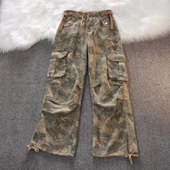 Hnewly Y2K Camouflage Cargo Jeans for Women American Midi Waist Drawstring Wide Leg Pants Bf Fashion Streetwear Hip Hop Denim Trousers