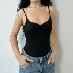 Hnewly Black Hollow Out Backless Bodysuit Summer Casual Skinny Sleeveless Strap Bodysuits for Women Casual Basic Ladies Outfits