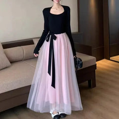 Hnewly Mesh Dresses for Women Patchwork Autumn Winter A-line Birthday Party Long Dress Korean Fashion Vestidos Mujer