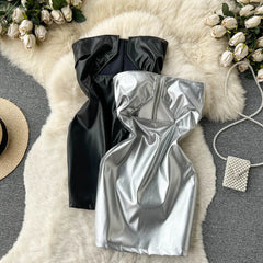 Hnewly Strapless Sexy Short Dress Summer Sleeveless Bodycon Hollow Out Fashion Y2K Women Evening PU Leather Slim Dress