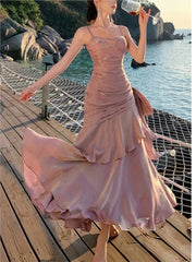 Hnewly Women Elegant Spaghetti Straps Ruffles Graduation Party Dress Slim Waist Wedding Bridesmaid Dresses Festival Formal Clothes New