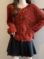 Hnewly Crochet Cardigan for Women Sheer Openwork Knitted Top Button Down Openknit Blouse Boho Chic Vacation Outfit