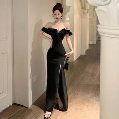 Hnewly Ruffled One Shoulder Strapless Evening Dress Women Spring Summer Elegant High Waist Slim Wrapped Slit Long Dresses