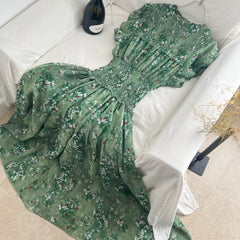 Hnewly Elegant Vacation-style Green Floral Dress with Stretch Waist Cinching Full-length Dress Korean Fashion Short Sleeve Summer Dress