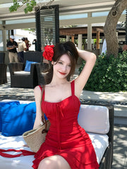 Hnewly Casual Beach Style Red Y2k Mini Dress Women Outwear Even Party Dress Korean Fashion Chic Sexy Bodycon Sleeveless Summer
