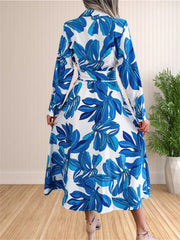 Hnewly Women's Floral Dresses Casual Print Long Sleeve Maxi Shirt Sundress Bohemian Pleated Slit Beach Bodycon