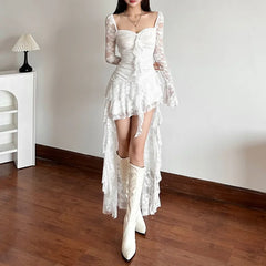 Hnewly Fairycore Lace Flare Sleeve Square Neck A-line Dress Sweet E-girl Irregular Long Hem Dresses Cyber Y2K Party Vestido