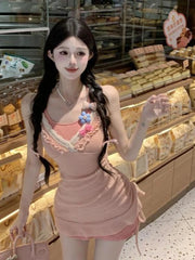 Hnewly Vintage Sweet Kawaii 2 Piece Sets Dresses Women Retro Lace Neckline Irregular Slip Dress Evening Party Japanese Suits