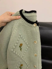 Hnewly French Flower Embroidery Sweater Sweet Spring Autumn Contrasting Color O-neck Knitted Cardigan Women Long Sleeved Loose Jacket