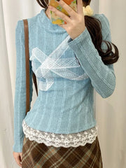 Hnewly Korean Style Y2k Knitted Pullover Women Bow Lace Long Sleeve Sweaters Harajuku Vintage Patchwork Knitwear Pullovers