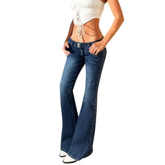 Hnewly YK2 Retro Low Waist Design Sexy Slim Fitting Long Denim Trousers for Lady Fashion Wide Leg Straight Stretch Jeans with Pockets