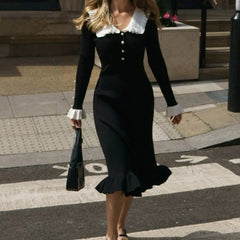 Hnewly Elegant Knitted Long Skirt Women Black Vintage Long Sleeve Party Dresses Sweet Ruffle Patchwork Sweater Maxi Dress Slim