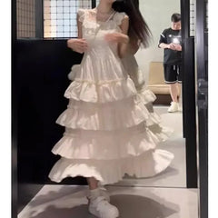 Hnewly Mid-Length Lace Insert Belted Hemline Sleeveless Empire Waist Gown for Women Elegant Coastline Holiday Style Cake Skirt