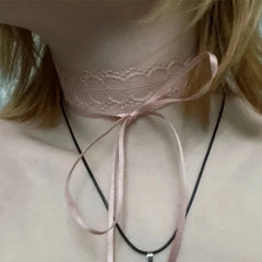 Hnewly New Goth Y2K Lovely Girl Choker New Korea Fashion Cute Pink Color Lace Bow Necklace For Women Charm Wedding Birthday Jewelry