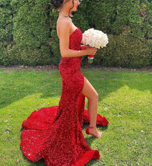 Hnewly Sexy Mermaid Burgundy Formal Evening Dresses Strapless Sequined High Slit Dubai Party Prom Gowns Robes