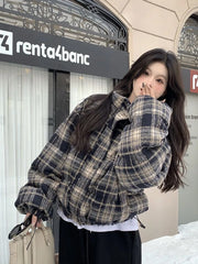 Hnewly Winter Vintage Warm Plaid Parkas Women Thick Loose Long Sleeve Cute Cotton Coat Casual American Retro Stand Collar Y2K Tops