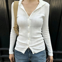 Hnewly Women Autumn Spring Lightweight Knitted Cardigan Solid Color Eyelet Long Sleeve Button Down Lapel Slim Fit Tops Y2K Streetwear