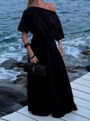 Hnewly Elegant Top Skirt Women's Sets Skew-collar Shirt Floor-length Loose Solid Female Sets Summer Casual Vacation Chic Lady Robe