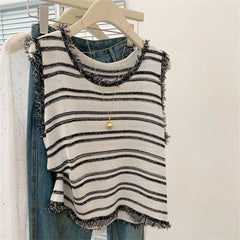 Hnewly Tassel Edge Striped Knitted Vest Women's Summer New Sleeveless Round Neck Vest Knitwear Tops Fashion Versatile Pullover vest