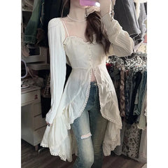 Hnewly 2000s Vintage Y2k Clothing Korean 2 Piece Skirts Sets Women Casual Y2k Crop Top Blouse + Strap Mini Dress Japanese Beach Party