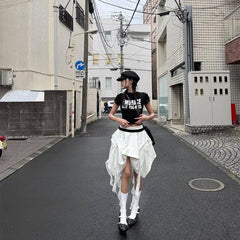 Hnewly Korean Style Irregular Skirt Women Vintage Elegant White Ruffle Skirt Lace Patchwork Summer Layered Midi Skirts Street