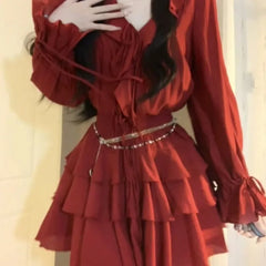 Hnewly DRESS TO IMPRESS Vintage V-neck Ruffles Long Sleeve Slim Fit Shirts Women+ Y2k High Waist Ruched A-line Skirts Spring New Two Piece Sets