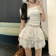 Hnewly Coquette White Lace Short Skirt Ruffle Women Sweet Bow Kawaii Mini Skirts Patchwork Layered A-line Aesthetics Skirt