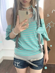Hnewly Summer Fake Two Pieces Patchwork Casual T-shirt Y2k Aesthetic Stripe Slash Neck Sexy Vintage Tshirts Harajuku Loose Grunge Tops