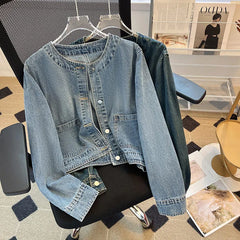 Hnewly Light Blue Retro Denim Jacket Women's Spring Single Breasted Loose Cardigan Short Top Autumn O-Neck Long Sleeve All-Matched Top