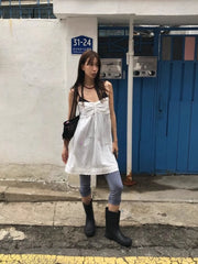 Hnewly Vacation Style Star Print Camisole Dresses Ruched Slimfit Lace Up Mesh Dress for Women New Sleeveless Vestidos De Mujer