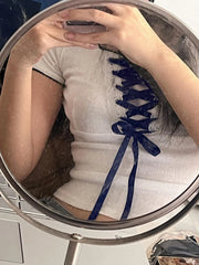Hnewly Lace Cross Tie Up Crop Top Short Sleeve Slim Fit Crop Top Sweet Y2K Aesthetics coquette Knit T-Shirt Korean Summer