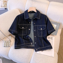 Hnewly Deep Blue Short Sleeve Denim Jacket For Women Spring/Summer Lapel Single Breasted Korean Loose All-Match Short Casual Top