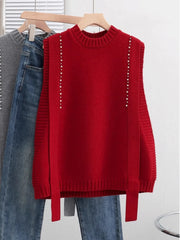 Hnewly Elegant Bead Knitted Sweater Vest Women's Spring Autumn Loose Versatile Comfortable Sleeveless Vest Casual Solid O-neck Top