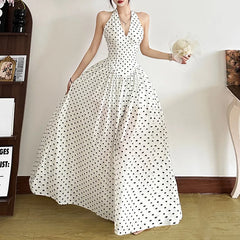 Hnewly Spring Summer New Women's Wear Polka Point Hanging Neck Dress Women's High end V-neck Waist