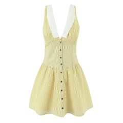 Lunivop Sweet Yellow Polka Dot Print Spliced White Lace V collar Tank Dress Women Open Buttons Low Waist A-line Sleeveless Vestidos Robe