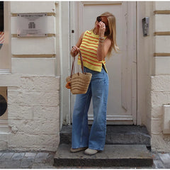 Hnewly Dopamine Contrast Stripe Knitte Vest Women O-neck Sleeveless Irregular Hem Short Top Summer Casual Sweet Office Lady Outfit