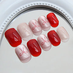 Lunivop 24pcs Self-adhesive Coffin Press on Nails Summer Red Ribbon Short Sweet False Nails Cat Eye Cheap Nail Tips Glued Nails Set