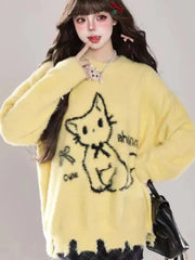Hnewly Kawaii Hole Sweet Sweaters Women Vintage Faux Mink Cashmere Cartoon Knitted Jumper Preppy Style Cute Japan Lazy Wind Tops