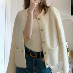 Hnewly Soft White Sweater Elegant O-Neck Single Breasted Versatile Coat New Women's Autumn/Winter Comfortable Knitted Cardigan