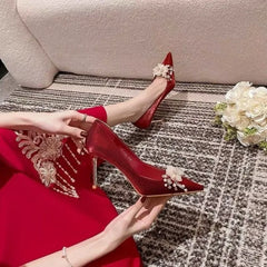 Hnewly New Chinese Wedding Dress Toast Wedding Banquet Wedding Shoes Women's Niche Bridal Shoes Red High Heels